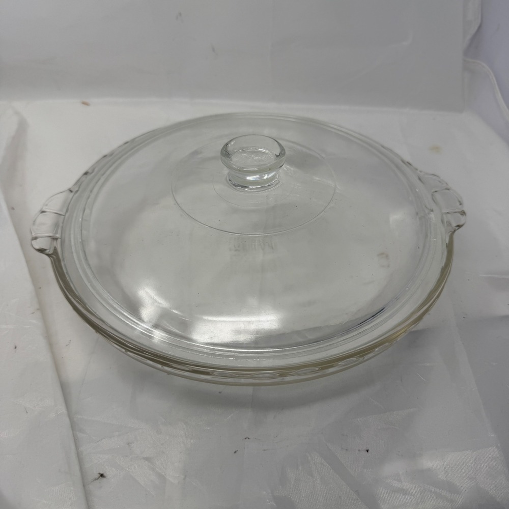 Pyrex 229 Clear Glass 9.5in Pie Plate with Lid Scalloped Rim Vintage Made in USA